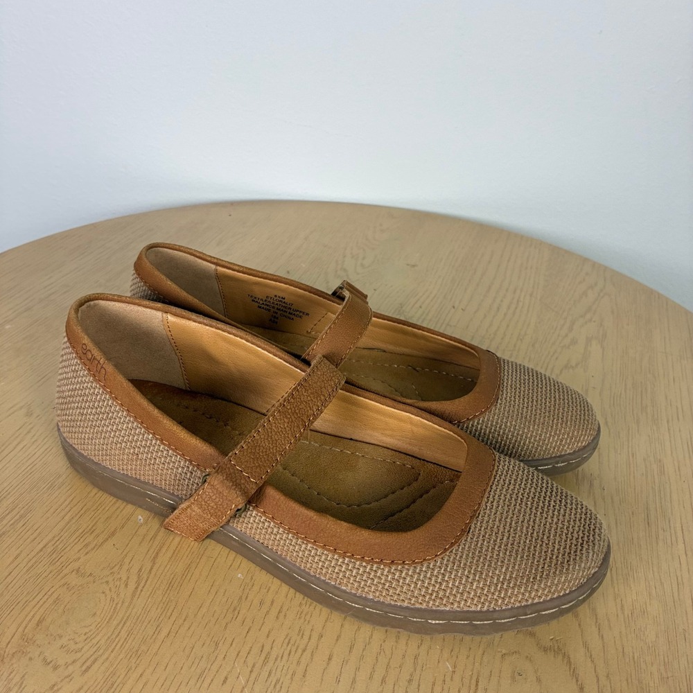 Earth Leather Textile Knit Mary Jane Flats Womens 6.5 M Comfort Fall Neutral